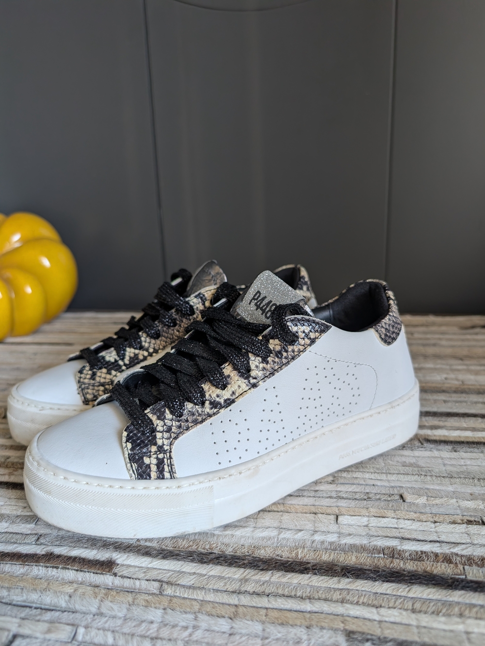 P448 White Sneakers with Snake-Print Trim